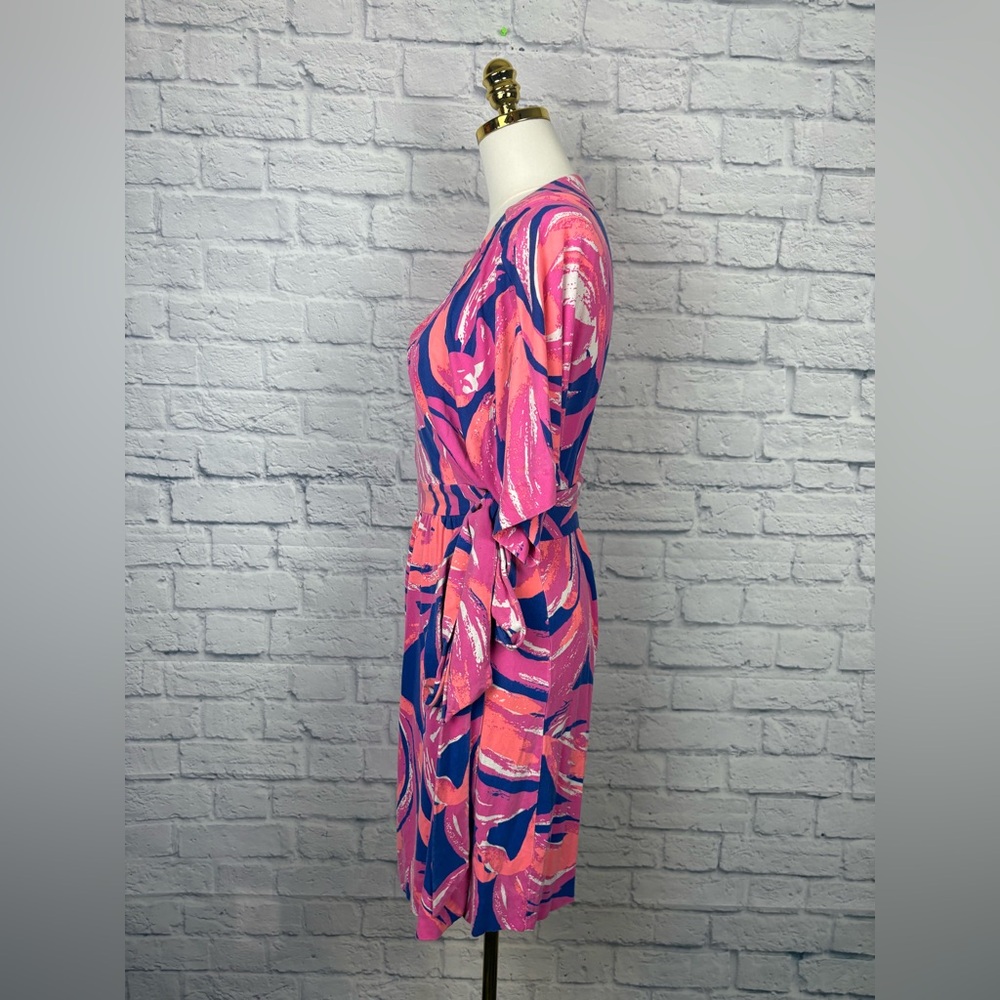 Lilly Pulitzer Pink, Coral & Blue Abstract Print Wrap Dress - Picture 3 of 8